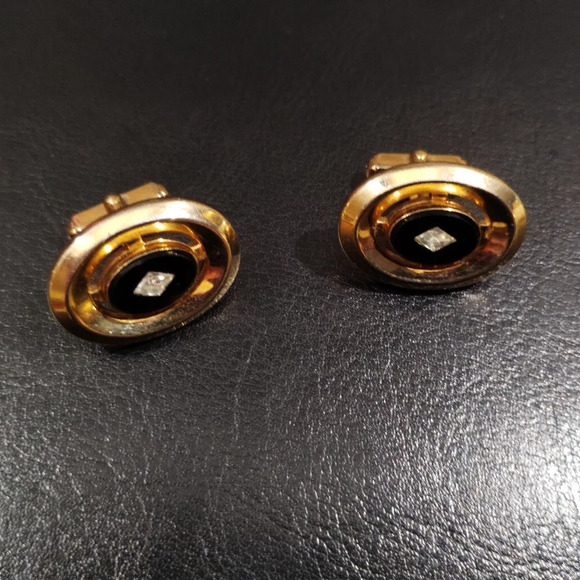Vintage Anson Cufflinks Onyx Glass Faux Diamond Accent Oval Signed - Picture 4 of 10